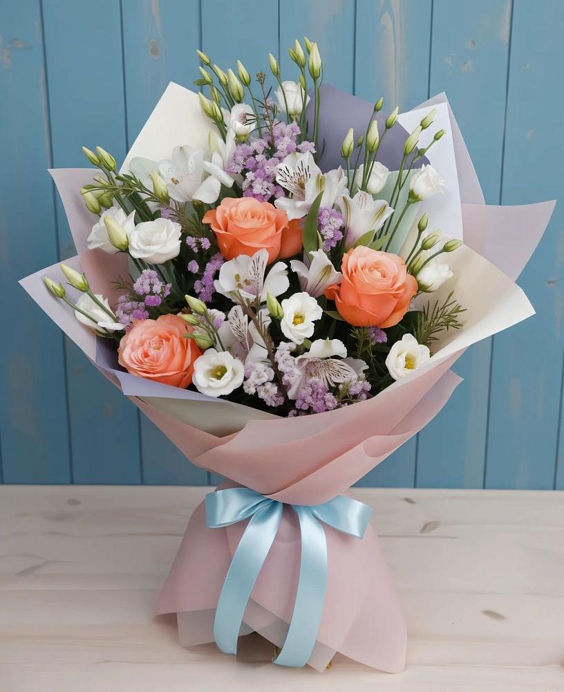 Букет цветов из: Лизиантусы, Розы, Альстромерии и Гипсофила в Тарычёво