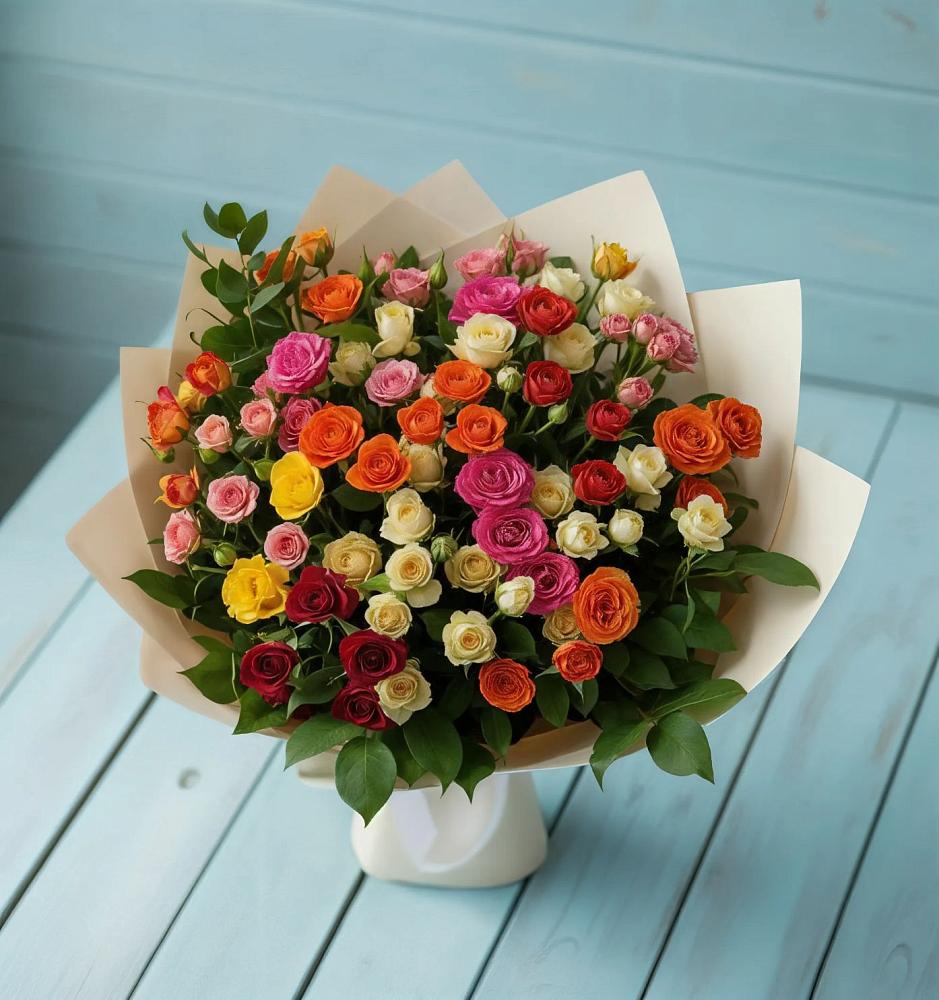 Букет Микс из разноцветных кустовых роз в Тарычёво